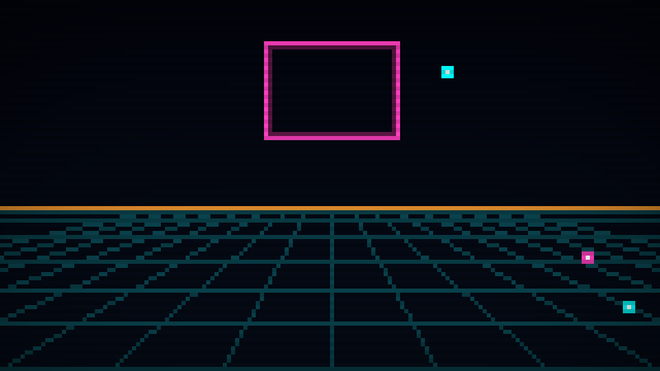 A neon scene rendered by movy with the glow buffer zeroed: a magenta outline, an amber horizon, a cyan floor grid and three small moving lights — flat, no halos, no trails