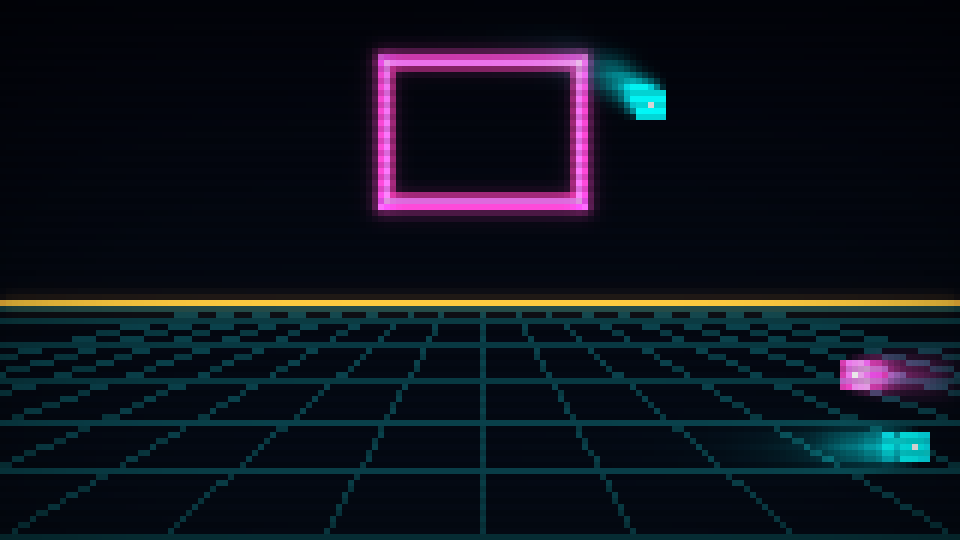 The identical frame with the glow buffer composited in: the outline and horizon bloom, and the moving lights leave fading neon trails