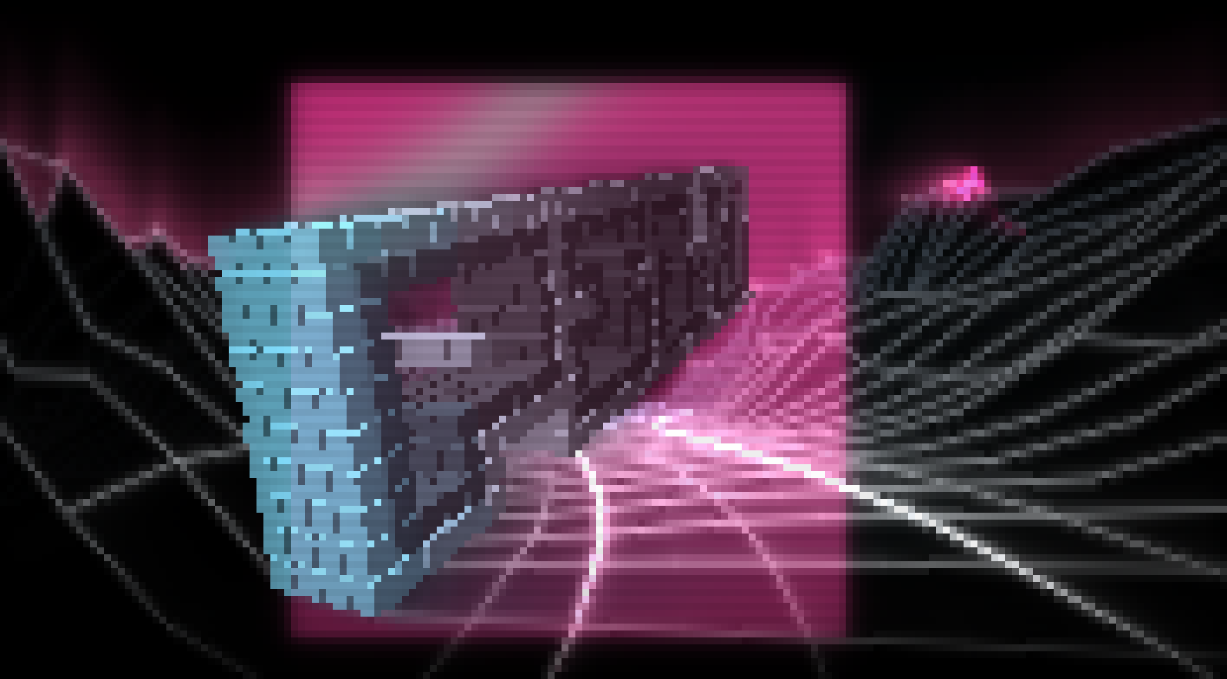 PIXEL LOVE running in a text terminal — neon glow, half-block pixels